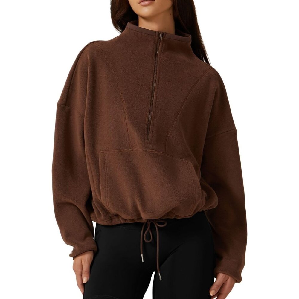 Women's Chocolate Half Zip Mock Neck Fleece Long Sleeve Winter Sweatshirt